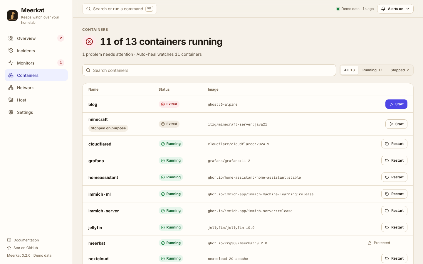 Containers page with status, a container stopped on purpose and restart buttons