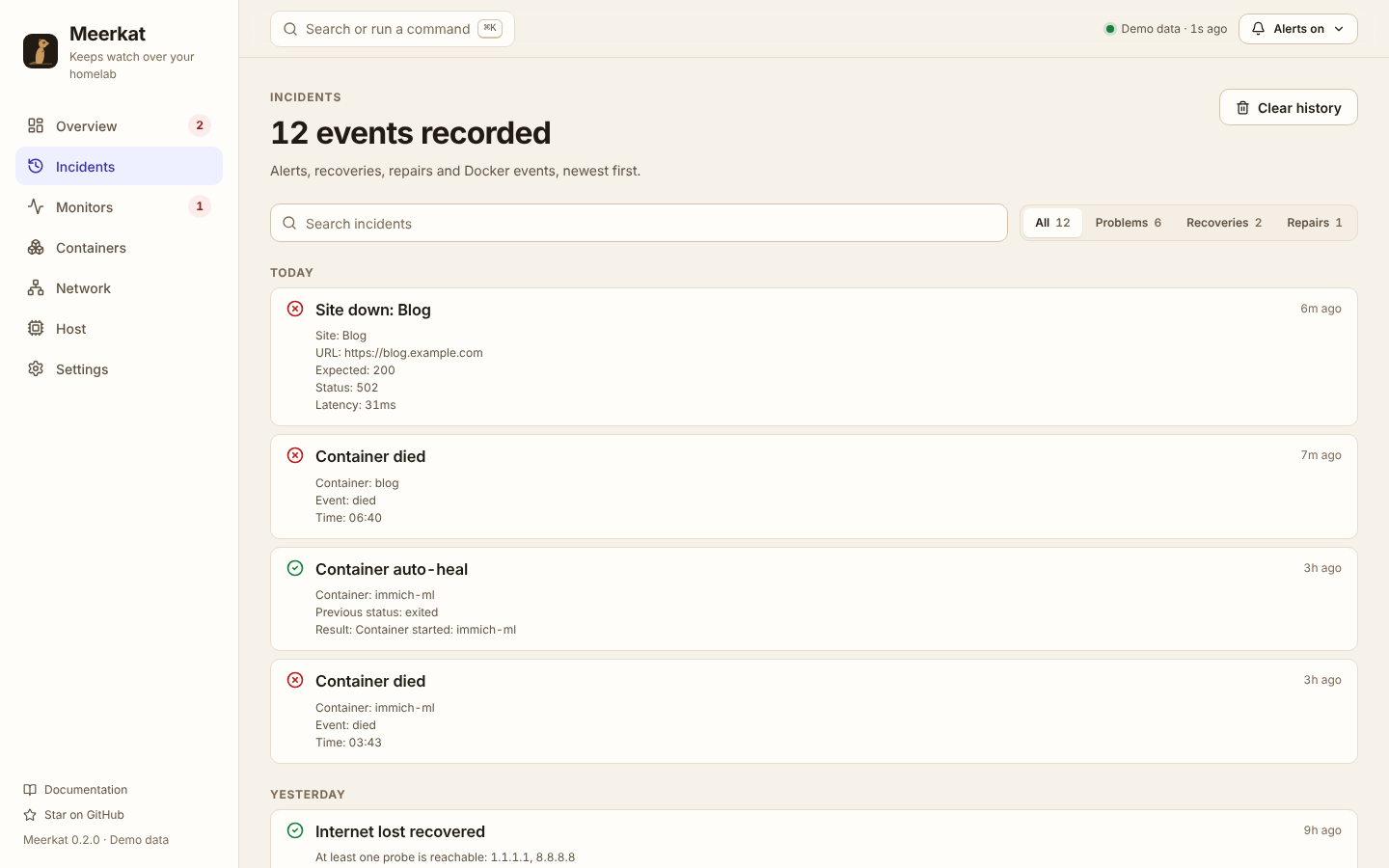Incidents timeline grouped by day with filters